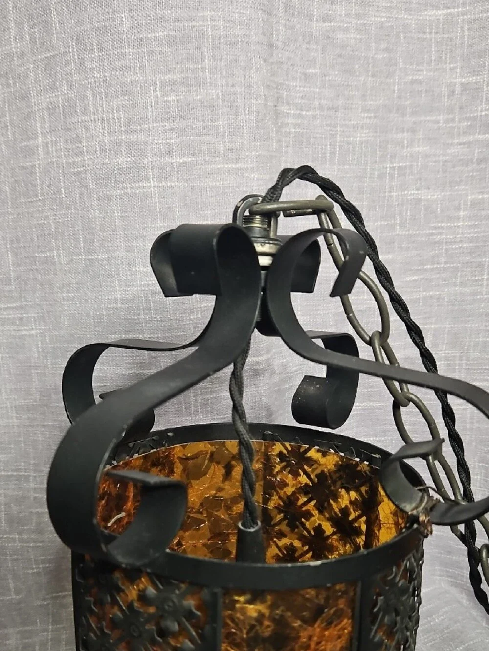Vintage 1970s Spanish Revival Wrought Iron & Amber Acrylic Pendant Swag Lamps